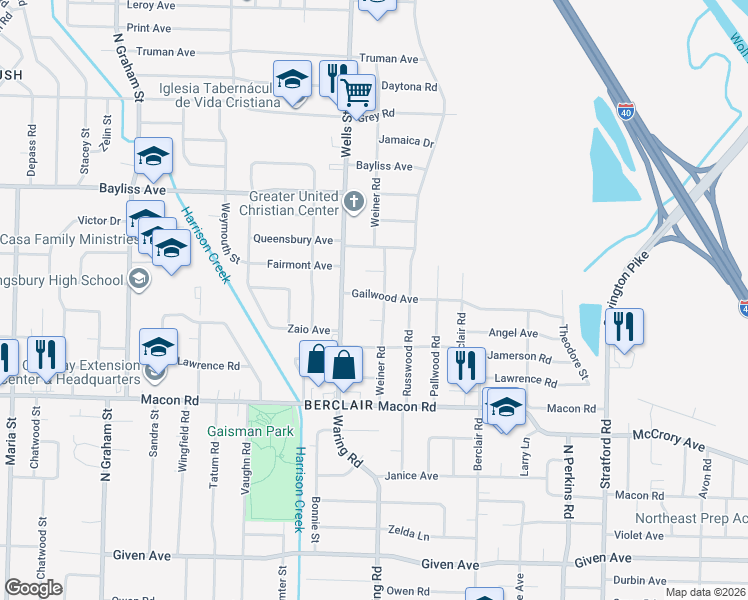 map of restaurants, bars, coffee shops, grocery stores, and more near 4332 Gailwood Avenue in Memphis