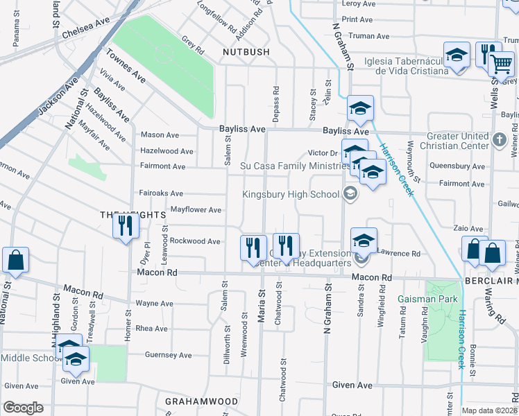 map of restaurants, bars, coffee shops, grocery stores, and more near 1260 Maria Street in Memphis