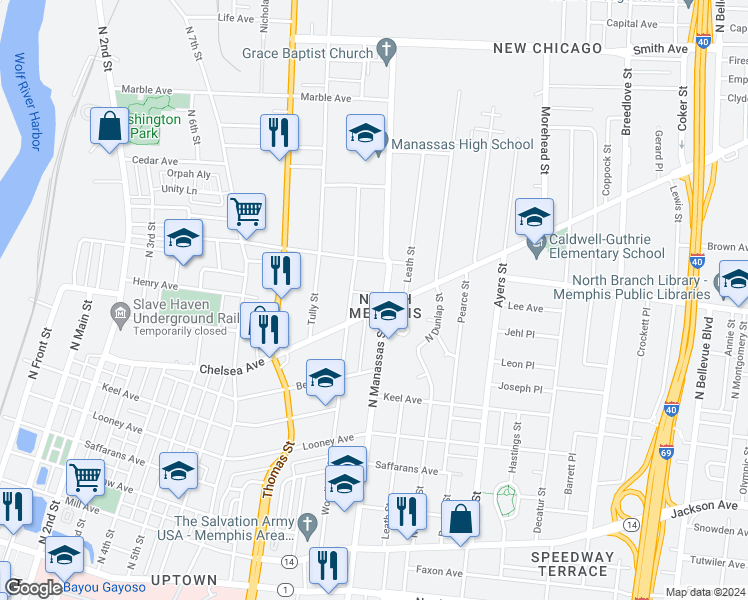 map of restaurants, bars, coffee shops, grocery stores, and more near 922 Woodlawn Street in Memphis
