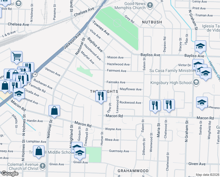 map of restaurants, bars, coffee shops, grocery stores, and more near 1243 Dyer Place in Memphis