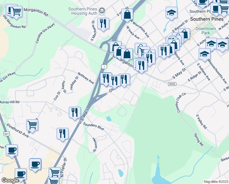 map of restaurants, bars, coffee shops, grocery stores, and more near 1115 Old US Highway 1 in Southern Pines