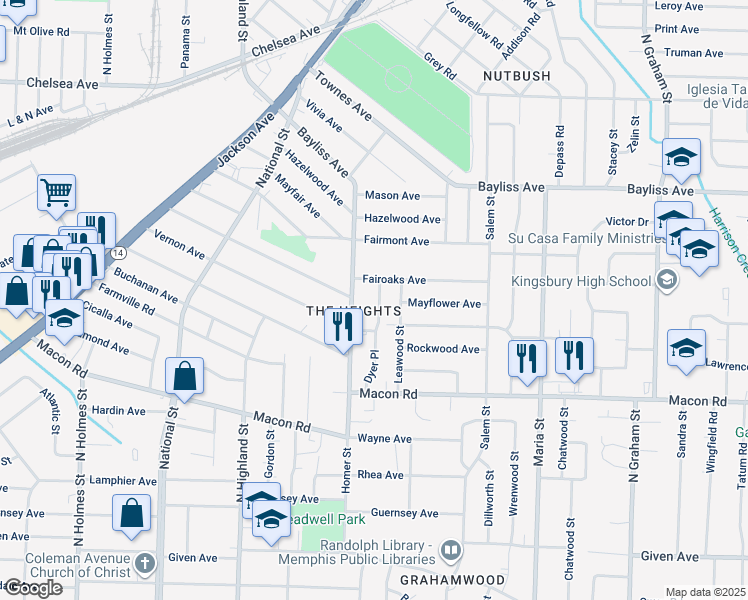 map of restaurants, bars, coffee shops, grocery stores, and more near 1243 Dyer Place in Memphis