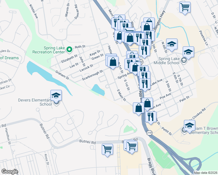 map of restaurants, bars, coffee shops, grocery stores, and more near 105 Priddy Street in Spring Lake