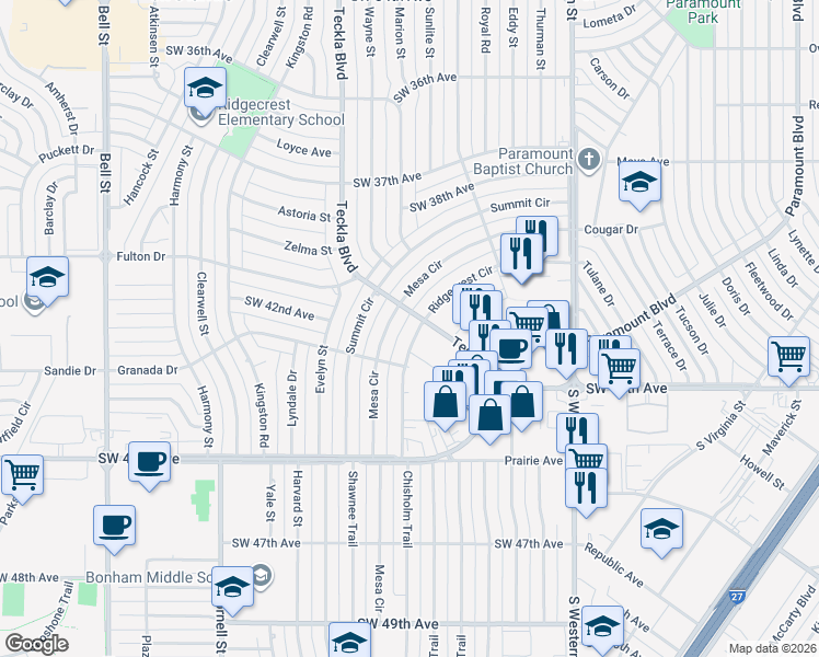 map of restaurants, bars, coffee shops, grocery stores, and more near 4403 Mesa Circle in Amarillo