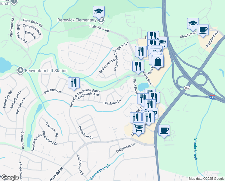 map of restaurants, bars, coffee shops, grocery stores, and more near 5675 Garrow Glen Road in Charlotte