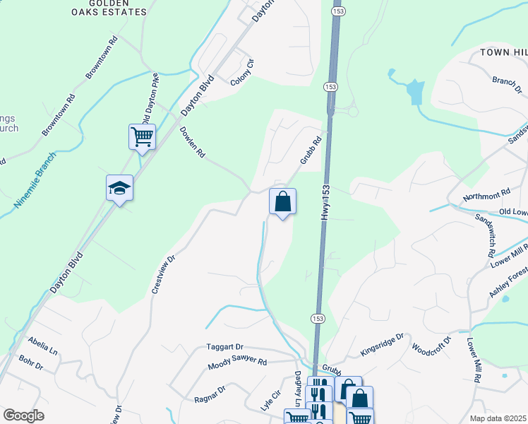 map of restaurants, bars, coffee shops, grocery stores, and more near 6431 Grubb Road in Chattanooga
