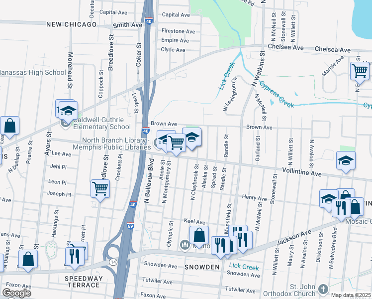 map of restaurants, bars, coffee shops, grocery stores, and more near 1250 Vollintine Avenue in Memphis