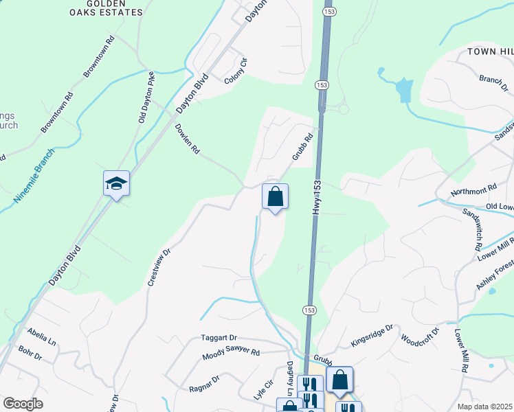 map of restaurants, bars, coffee shops, grocery stores, and more near 6431 Grubb Road in Chattanooga