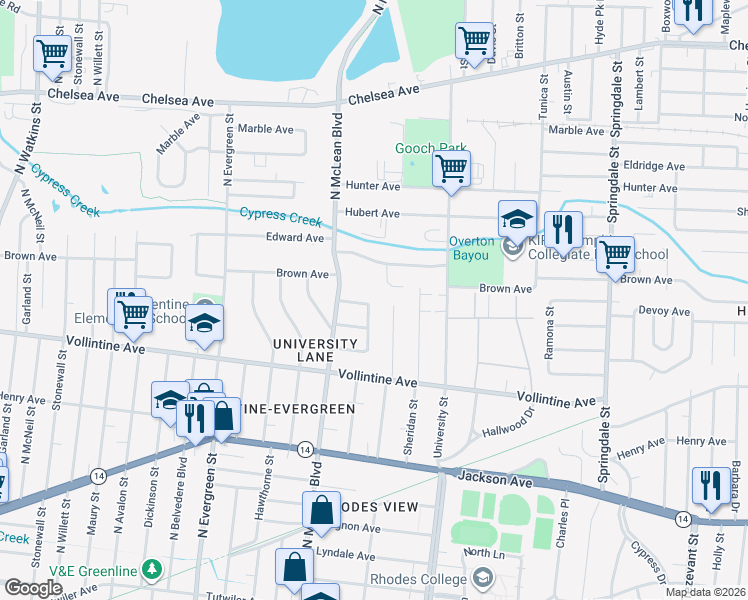 map of restaurants, bars, coffee shops, grocery stores, and more near 1038 East Rainbow Drive in Memphis