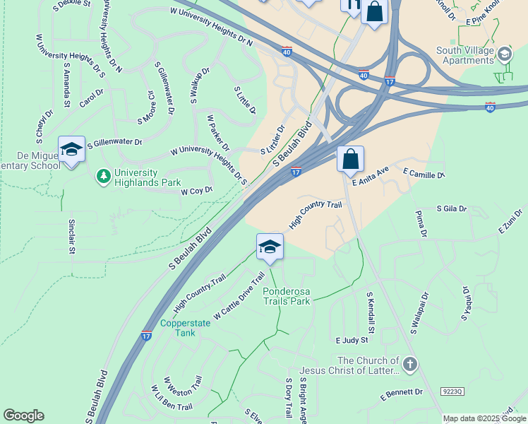 map of restaurants, bars, coffee shops, grocery stores, and more near Interstate 17 in Flagstaff