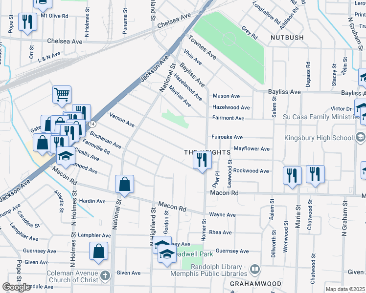map of restaurants, bars, coffee shops, grocery stores, and more near 3570 Vernon Avenue in Memphis