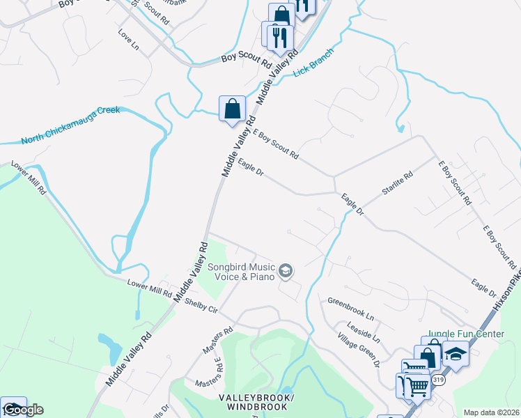 map of restaurants, bars, coffee shops, grocery stores, and more near 1614 Eagle Drive in Middle Valley