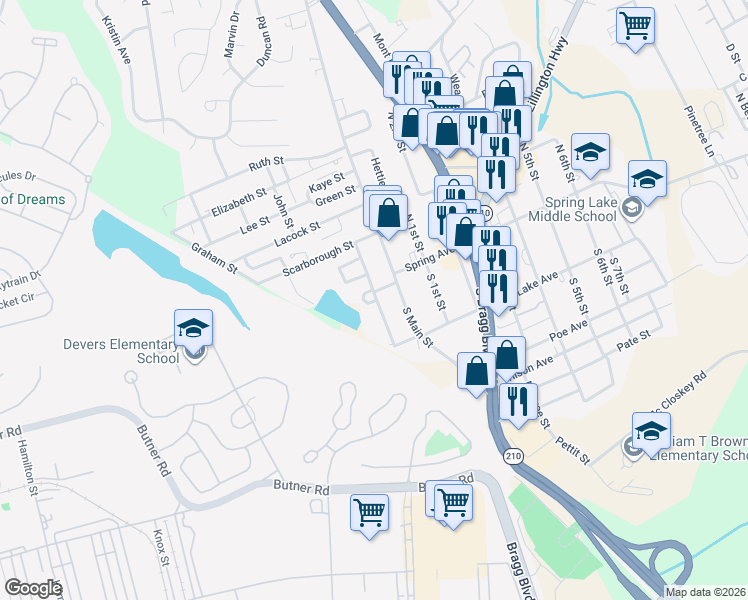 map of restaurants, bars, coffee shops, grocery stores, and more near 105 Priddy Street in Spring Lake