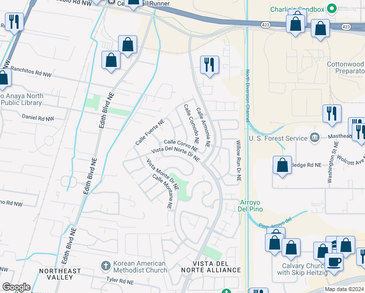 map of restaurants, bars, coffee shops, grocery stores, and more near 1116 Calle Corvo Northeast in Albuquerque