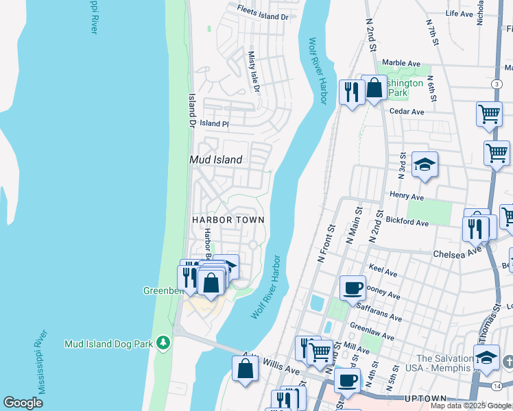map of restaurants, bars, coffee shops, grocery stores, and more near 166 Harbor Isle Circle West in Memphis