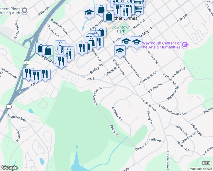 map of restaurants, bars, coffee shops, grocery stores, and more near 250 Country Club Circle in Southern Pines