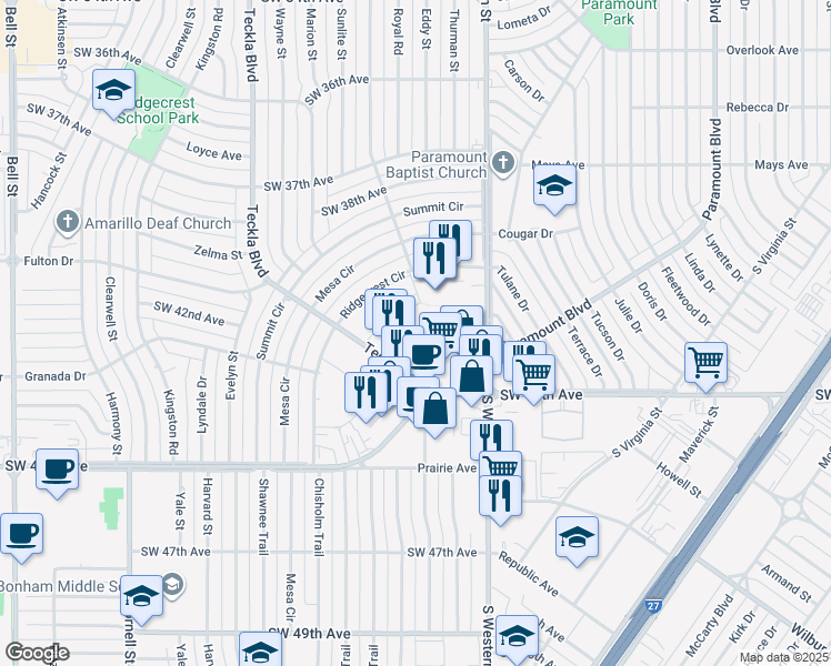 map of restaurants, bars, coffee shops, grocery stores, and more near 4210 Paramount Boulevard in Amarillo