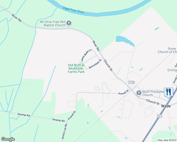 map of restaurants, bars, coffee shops, grocery stores, and more near 3824 Barnsdale Drive in Wade