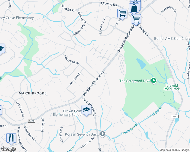 map of restaurants, bars, coffee shops, grocery stores, and more near 3605 Glen Lyon Drive in Matthews