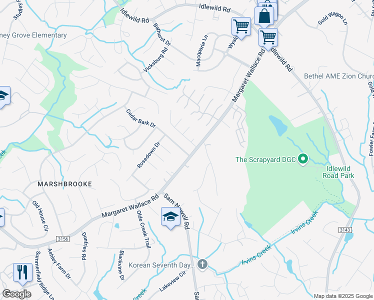 map of restaurants, bars, coffee shops, grocery stores, and more near 3605 Glen Lyon Drive in Matthews