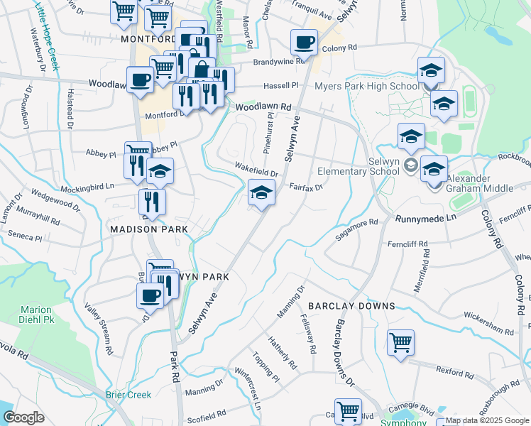 map of restaurants, bars, coffee shops, grocery stores, and more near 3347 Selwyn Avenue in Charlotte