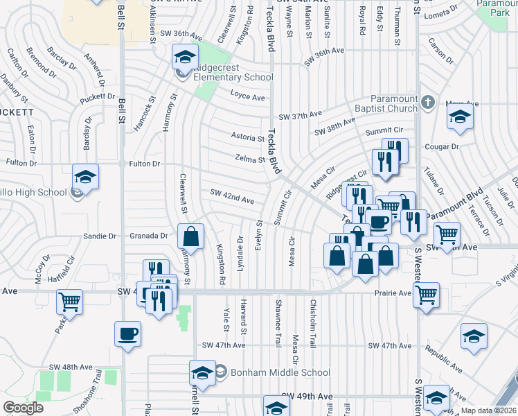 map of restaurants, bars, coffee shops, grocery stores, and more near 5301 Southwest 42nd Avenue in Amarillo