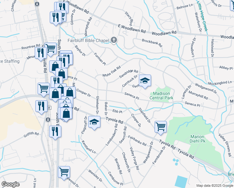 map of restaurants, bars, coffee shops, grocery stores, and more near 530 Seneca Place in Charlotte