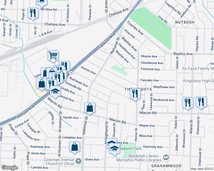 map of restaurants, bars, coffee shops, grocery stores, and more near 3476 Rockwood Avenue in Memphis