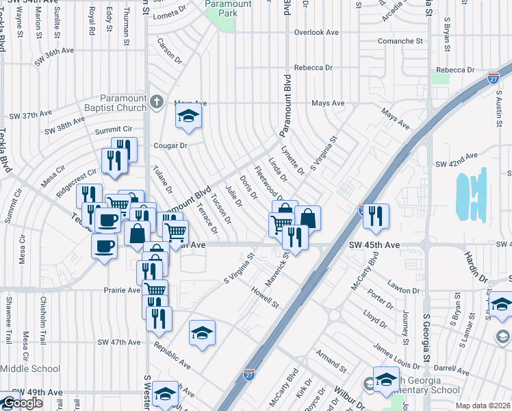 map of restaurants, bars, coffee shops, grocery stores, and more near 3922 Doris Dr in Amarillo