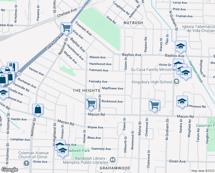 map of restaurants, bars, coffee shops, grocery stores, and more near 3724 Mayflower Avenue in Memphis