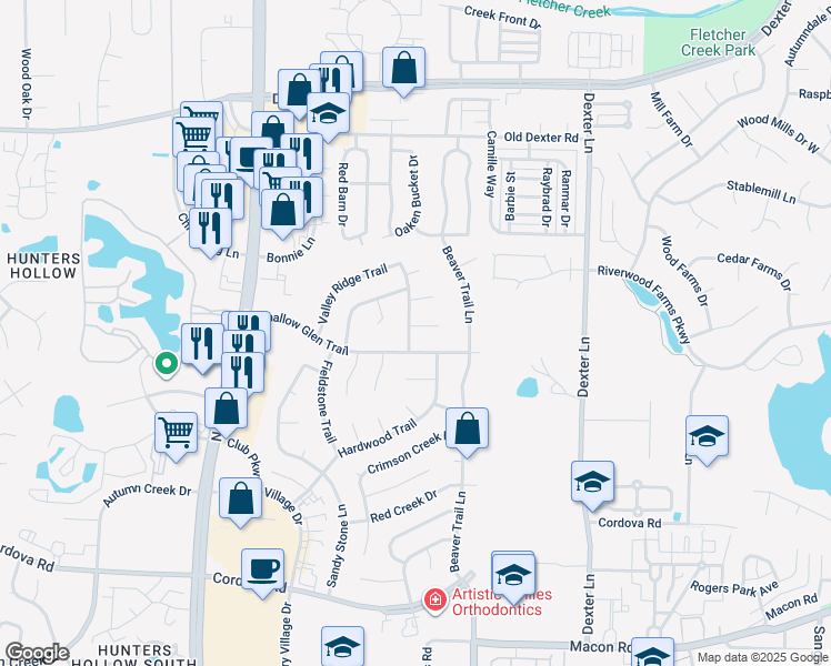 map of restaurants, bars, coffee shops, grocery stores, and more near 1486 Rocky Meadows Trail in Memphis