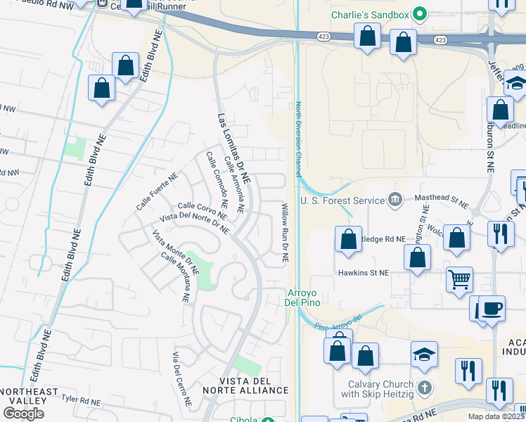 map of restaurants, bars, coffee shops, grocery stores, and more near 7615 Jackrabbit Street Northeast in Albuquerque