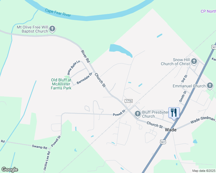 map of restaurants, bars, coffee shops, grocery stores, and more near 3877 Church Street in Wade