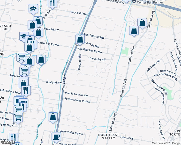 map of restaurants, bars, coffee shops, grocery stores, and more near 117 Jacobson Lane Northwest in Albuquerque