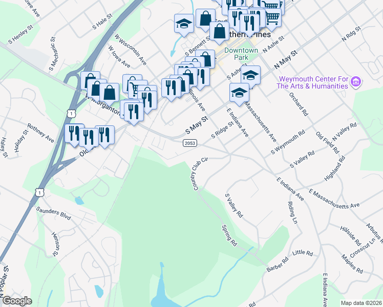 map of restaurants, bars, coffee shops, grocery stores, and more near 709 S Ridge St in Southern Pines