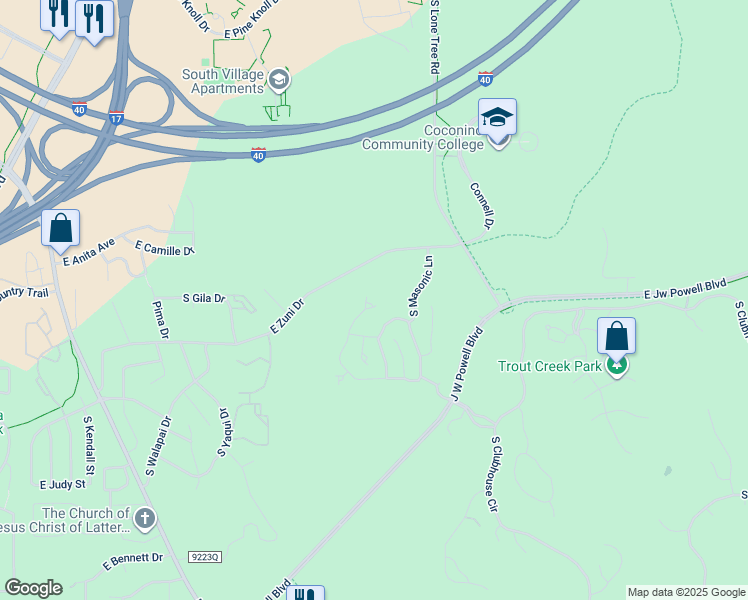 map of restaurants, bars, coffee shops, grocery stores, and more near 3074 South Hannah Lane in Flagstaff