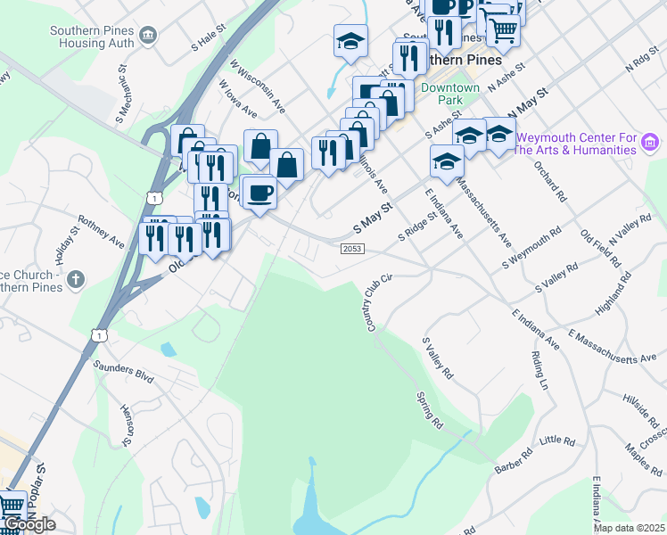 map of restaurants, bars, coffee shops, grocery stores, and more near 770 South Ridge Street in Southern Pines