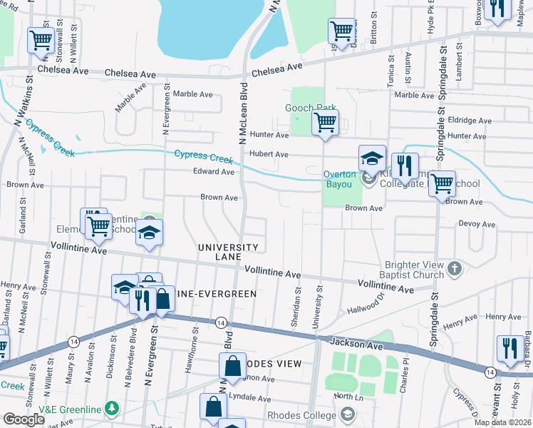 map of restaurants, bars, coffee shops, grocery stores, and more near 1888 North Rainbow Drive in Memphis
