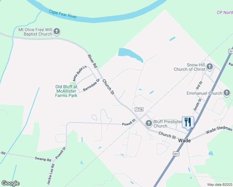 map of restaurants, bars, coffee shops, grocery stores, and more near 3877 Church Street in Wade