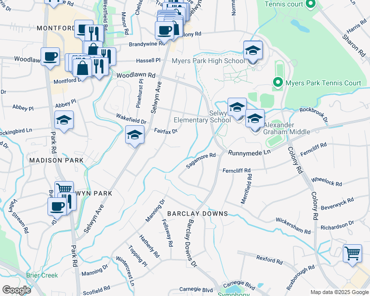 map of restaurants, bars, coffee shops, grocery stores, and more near 3201 Sunnymede Lane in Charlotte