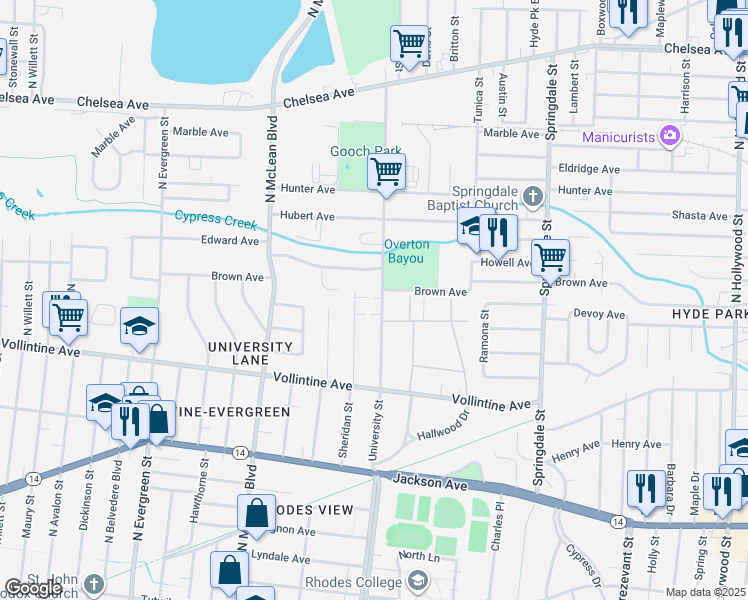 map of restaurants, bars, coffee shops, grocery stores, and more near 1059 University Street in Memphis