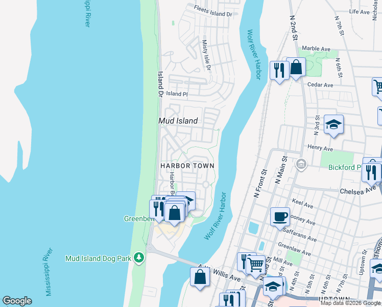 map of restaurants, bars, coffee shops, grocery stores, and more near 130 Harbor Isle Circle North in Memphis