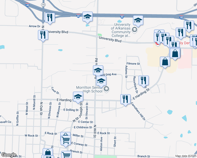 map of restaurants, bars, coffee shops, grocery stores, and more near 1257 Poor Farm Road in Morrilton