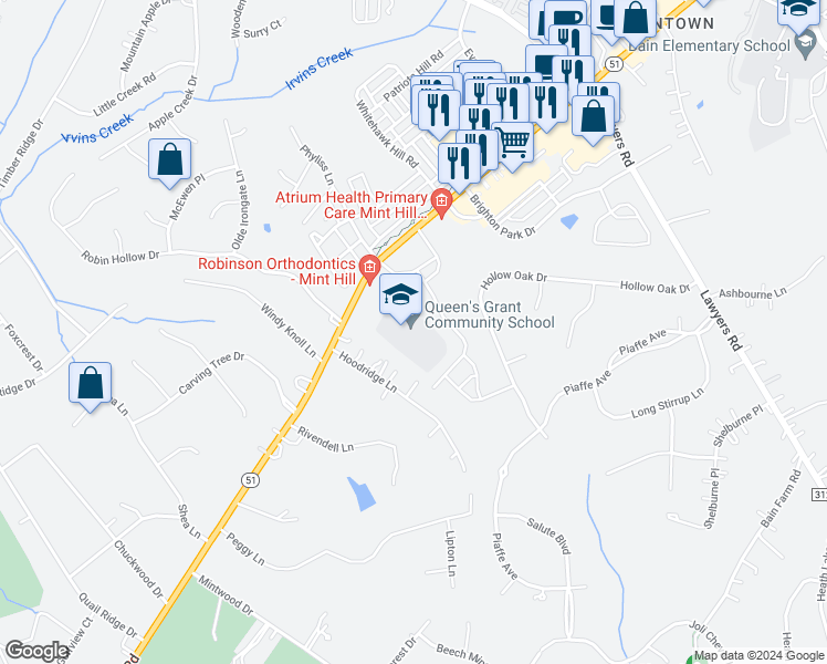 map of restaurants, bars, coffee shops, grocery stores, and more near 6400 Matthews-Mint Hill Road in Mint Hill