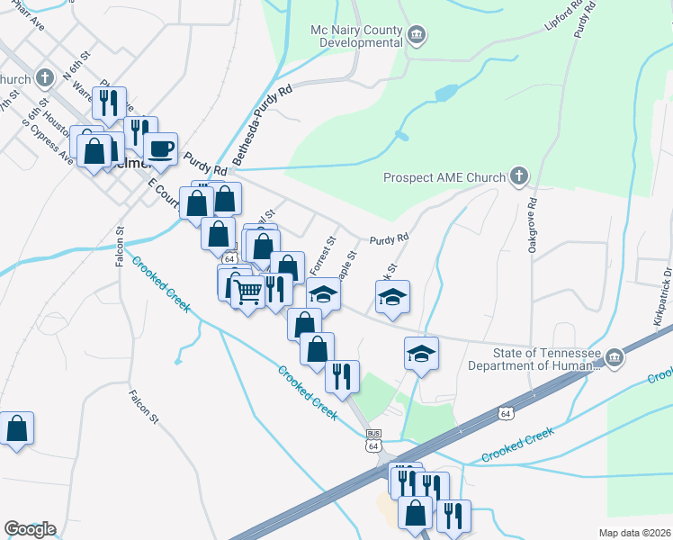 map of restaurants, bars, coffee shops, grocery stores, and more near 228 Maple Street in Selmer