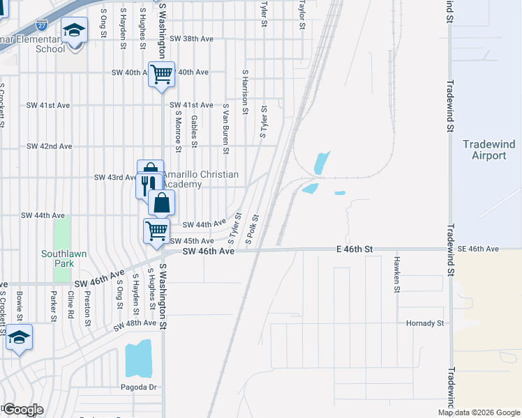 map of restaurants, bars, coffee shops, grocery stores, and more near 4329 South Polk Street in Amarillo