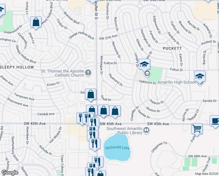 map of restaurants, bars, coffee shops, grocery stores, and more near 4107 Oneill Drive in Amarillo