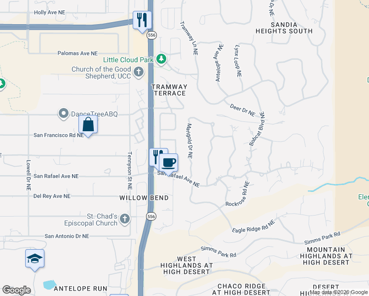 map of restaurants, bars, coffee shops, grocery stores, and more near 1946 Quail Run Loop Northeast in Albuquerque