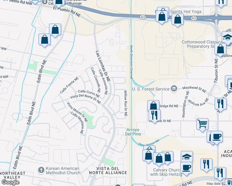 map of restaurants, bars, coffee shops, grocery stores, and more near 7615 Jackrabbit Street Northeast in Albuquerque