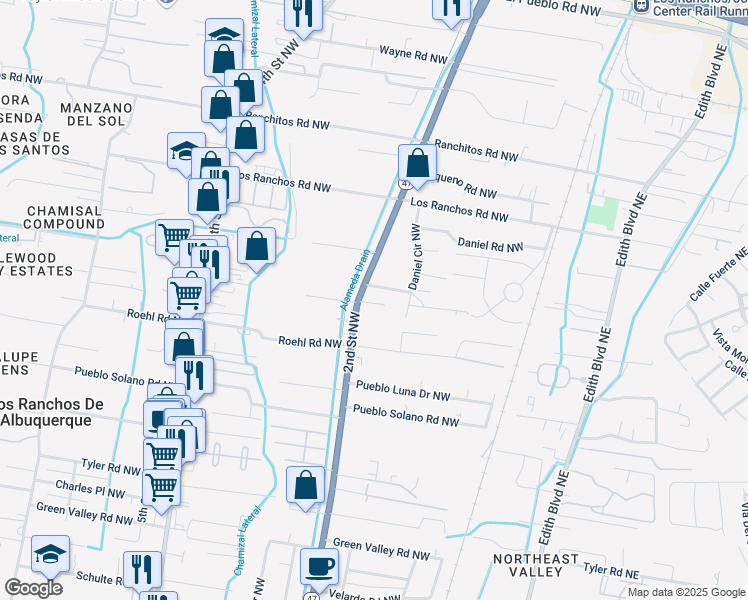 map of restaurants, bars, coffee shops, grocery stores, and more near 7524 2nd Street Northwest in Albuquerque